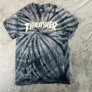 Thrasher Tie Dye Grunge Skate Graphic Tee Black Grey Streetwear Small